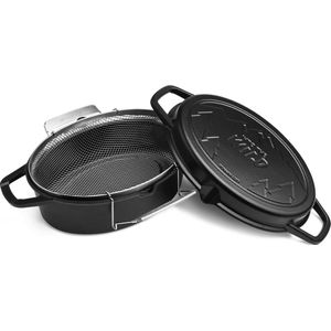 Burnhard gietijzeren braadpan incl. roestvrijstalen frituurmand, ovale braadpan, deksel met grillstrepen en schenktuitjes - totale inhoud 7,5 l