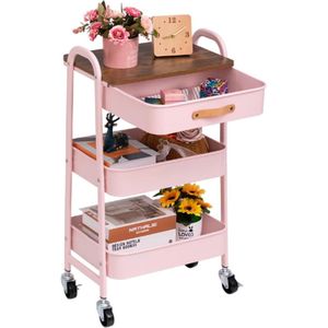 Opbergwagen Rolwagen met Lade 3-Etages Metaal Utility Cart – Organizer Trolleywagen met Leren Handvaten voor Keuken Make-up Badkamer Kantoor – Roze