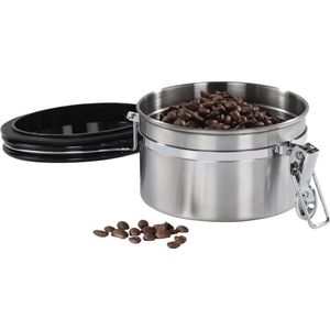 Koffieblik voor 250 g koffiebonen (luchtdichte voorraaddoos met aromasluiting, container van roestvrij staal, doos voor het bewaren van koffie, thee, cacao) zilver