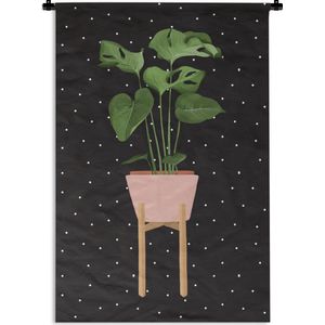 Wandkleed PlantenKerst illustraties - Illustratie van een Monstera plant op een zwarte achtergrond met witte stippen Wandkleed katoen 90x135 cm - Wandtapijt met foto