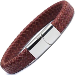 Gevlochten Heren Armband – 100% Echt Leder & Edelstaal – Magneetsluiting – 20.5 cm – Rood & Zilverkleurig - Rhylane®