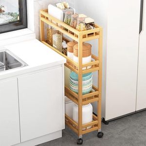 Opbergwagen met 4 niveaus keuken kar - Houten trolley met wielen keukentrolley