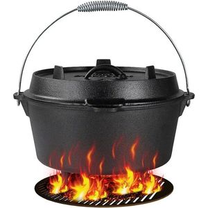 Wildor® Nederlandse Ovenpot Met Deksel - 4 Liter Gietijzeren pan - 4-6 personen - Incl. deksellifter en standaard - Stoofpot - Fonduepot - Platte bodem - Anti Hitte Spiraalvormig Handvat - Voor binnen en buiten - Braadpannen - Bakpan - Kookpan