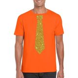 Oranje fun t-shirt met stropdas in glitter goud heren - leuk voor Koningsdag S