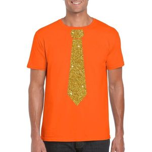 Oranje fun t-shirt met stropdas in glitter goud heren - leuk voor Koningsdag S