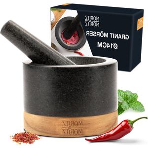 Stamper en vijzelset van graniet met houten achtbaan - zwart - 14 cm