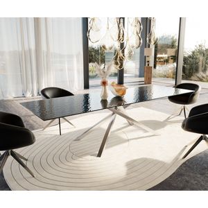 Eetkamertafel Edge Glas smelten rokerig zwart 3D-Relief 300x100 kruisframe rechthoek RVS