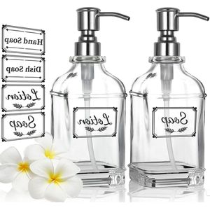 Glass Soap Dispenser 350ml Stainless Steel Pump Bottle Refillable for Bathroom Kitchen - Drip-Free Design - Versatile Use - 2 Pack