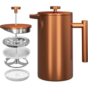 French Press Koffiezetapparaat 34 oz - 1000 ml (4 koffiemokken / 8 koffiekopjes) - Koffiezetapparaat met drievoudig roestvrijstalen filter en geïsoleerde wanden - Bronzen