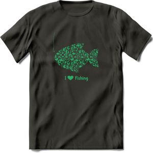 I Love Fishing - Vissen T-Shirt | Groen | Grappig Verjaardag Vis Hobby Cadeau Shirt | Dames - Heren - Unisex | Tshirt Hengelsport Kleding Kado - Donker Grijs - XL