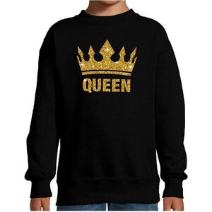 Zwarte Queen gouden glitter kroon sweater / trui kinderen - Zwarte Koningsdag kleding 152/164