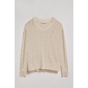 Pleciony sweter w kolorze be?owym, z dekoltem w szpic i wyszywanym monogramem