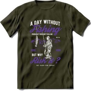A Day Without Fishing - Vissen T-Shirt | Paars | Grappig Verjaardag Vis Hobby Cadeau Shirt | Dames - Heren - Unisex | Tshirt Hengelsport Kleding Kado - Leger Groen - XL