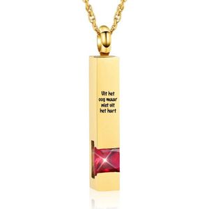 Luxe Ashanger | Met Ketting En Gravering | Uit Het Oog Maar Niet Uit Het Hart | Assieraad | Goudkleurig Met Rode Steen | As Ketting | Gedenksieraad | Urn | Incl. As vuller