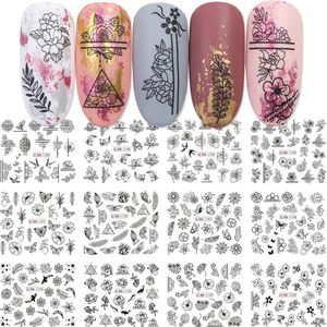12 Stuks Nagelstickers – Zwarte Patronen – Bloemen, Takken, Vlinders, Rozen – Nail Art Stickers