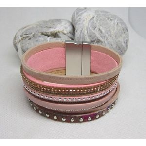 Armband - 4 losse banden - 1 sluiting - leer - stof- Ibiza - Bohio - roze - wit - goud - zilver- magneet sluiting - lengte 20 cm