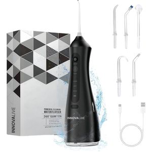 InnovaLive® Waterflosser – Monddouche & Tandsteen Verwijderaar – Draadloos en Oplaadbaar – 5 Opzetstukjes – Zwart