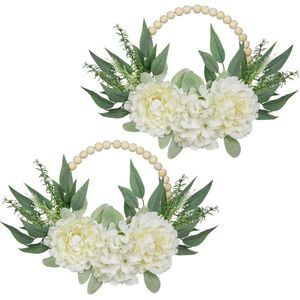 Houten kralen eucalyptus bladeren kransen - Set van 2 - 10 inch bloemen kransen - kunstmatige pioen hortensia kransen - boerderij kransen voor voordeur - boho muur decor - wit