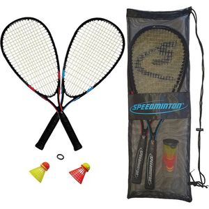 Speedminton START set - speedbadminton set - crossminton - speed badminton set - rood/blauw/zwart - 2 duurzame rackets - 2 originele Speedminton Speeders - windring - incl. handige draagtas