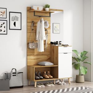 Multifunctionele 190 cm hoge houten garderobeset met spiegel, schoenenbank, schoenenkast, lade, plank en jashaken - Modern ontwerp met hydraulische scharnieren en praktische opbergruimte