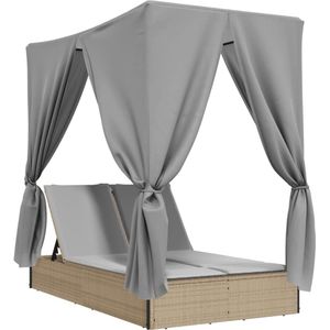 vidaXL Ligbed tweepersoons met dak en gordijn poly rattan beige - Dubbel Ligbed - Dubbele Ligbedden - Ligbed - Tuinstoel