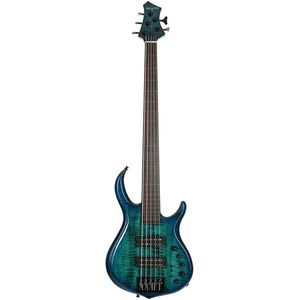 Sire Basses M7+ A5F/TBL basgitaar, fretloos, 5-snarig, elzen + massief esdoorn, transparant blauw