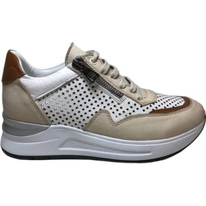 Manlisa Mt 38 veter/rits geperforeerde lederen zomer comfort sneakers S247-1705 wit beige combi