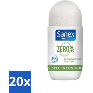 Sanex Zero% - Deodorant Roller - 24h Beschermend - 0% Aluminiumzouten & Alcohol - Respect & Controle - 50 ml - Bulkverpakking - 20 stuks
