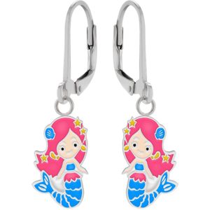 Oorbellen meisje | Zilveren kinderoorbellen | Zilveren oorhangers met hanger, zeemeermin met blauwe staart en roze haren