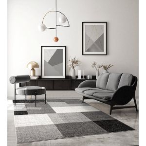 Vloerkleed Thales -140 x 200 cm modern, laagpolig, voor woonkamer, slaapkamer, contour, geometrische patronen, geruit, grijs