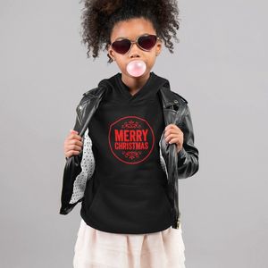 Kerst Hoodie Zwart Kind - Merry Christmas Round (5-6 jaar - MAAT 110/116) - Kerstkleding voor jongens & meisjes