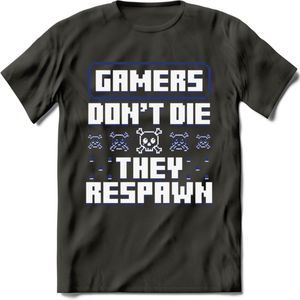 Gamers don't die pixel T-shirt | Donker Blauw | Gaming kleding | Grappig game verjaardag cadeau shirt Heren – Dames – Unisex | - Donker Grijs - 3XL