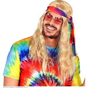 Widmann - Hippie Kostuum - Hippie Pruik Met Hoofdband Tie Dye Blond - Blauw, Rood, Blond - Carnavalskleding - Verkleedkleding