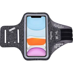Swifty Universele Smartphone Hardloop Armband met kaarthouder Inclusief ruimte voor pasjes en 2 sleutels - Sportarmband - Smartphonehouder - Geschikt voor iPhone 11 Pro / XS / X / 8 / 7 / 6S / 6 - Samsung - Huawei - 100% Spatwaterdicht - Grijs