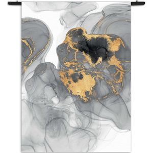 Velours Wandkleed Abstract Marmer Look Grijs met Goud 03 Rechthoek Verticaal XXL (250 X 180 CM) - Wandkleden - Met roedes
