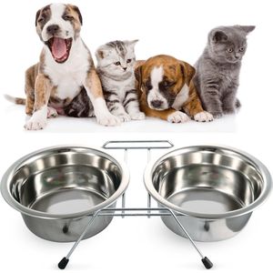 ESTARK® Voerbak en waterbak - 2 in 1 drink / voederbak - Hondenbrokken - Hond - Kat - Huisdier - Korrels - Antislip - Honden / katten - Eten - Eetbak - Huisdieren - Drinken - Afneembaar - Stevig - Design - Zilver - 2 x 125ml