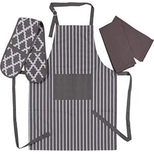 Hoogwaardige Keukenset met Schort, Dubbele Ovenhandschoen en Twee Theedoeken in Stijlvol Grijs/Wit Design