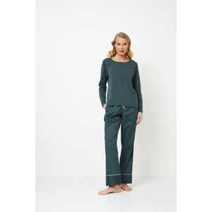 Groene damespyjamaset Griselle-T-shirt met lange mouwen-lange broek met zakken-maat S