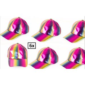 6x Baseball cap regenboog metallic - carnaval festival regenboog thema feest gay pride fout en stout pet cap hoofddeksel