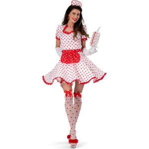 Funny Fashion - Verpleegster & Masseuse Kostuum - Liefde Heelt Alle Wonden Verpleegster Lovina - Vrouw - Rood, Wit / Beige - Maat 44-46 - Carnavalskleding - Verkleedkleding