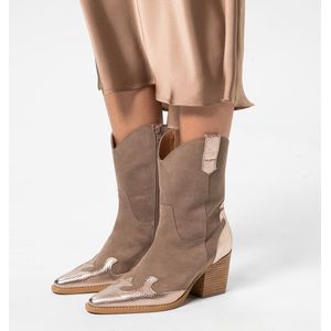 Manfield - Dames - Taupe cowboylaarzen met goudkleurige metallic details - Maat 36