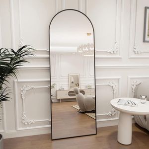 Gebogen spiegel voor de volledige lichaamslengte, 44 x 147 cm, wandspiegel, leunspiegel, vloerspiegel voor de volledige lichaamslengte als make-upspiegel voor in de woonkamer, zwart