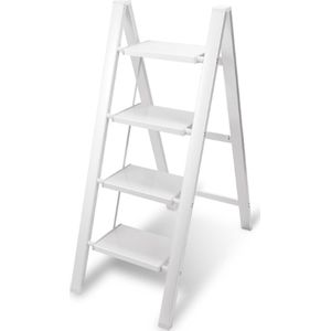 Opvouwbare ladder 4 Treden Keukentrap Inklapbaar - Anti-Slip - Trap Ladder Alu Wit