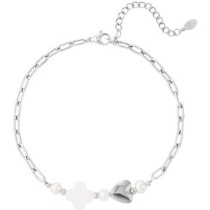 Enkelbandje Bedels Hart/Klaver - Zilver - Stainless Steel - Parel - Waterproof