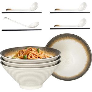 Ramen Bowl Grote noedels soepkommen servies set - 4 eetstokjes 4 lepels - 40 oz kom voor pasta fruit salade - vaatwasmachinebestendig - goud