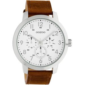 OOZOO Timepieces - zilverkleurige horloge met bruine leren band - C10505 - Ø45