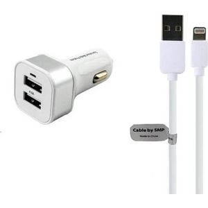 OneOne auto oplader met 2 poorten + 0,5m standaard Lightning kabel. Krachtige 24W. autolader past op Apple iPhone 5, 5c, 5s, 6, 6s, 7, 8, SE, X, XR, XS, 10, 11, 12, 13, 14 (Mini / Pro / Pro Max / Plus), iPad Mini 1, 2, 3, 4, 5, Air, 2, 3