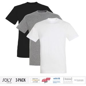 3 Pack Sol's Heren T-Shirt 100% biologisch katoen Ronde hals Zwart, Grijs en Wit Maat 4XL