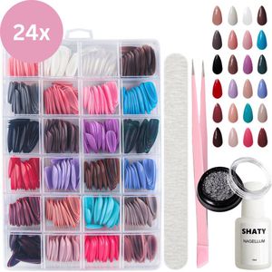 SHATY® Plaknagels Nail Art Set - Press On Nails - Kunstnagels - Nepnagels - 240 Nagels in 24 Kleuren - Nagelvijl 100/100 Grit, Diamond Picker & Pusher & Nagellijm 10gr - Handleiding (NL & ENG)