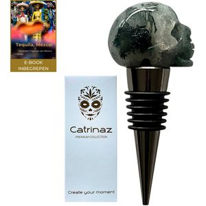 Catrinaz® - Wijnstopper - Premium flessenstop met skull in moss agate natuursteen - Luxe gift box - Uniek geschenk - Inclusief E-BOOK Tequila, Mezcal